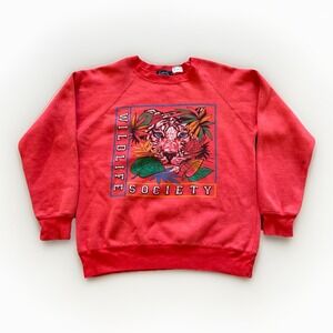 Vintage Wildlife Society Sweatshirt Womens S Tiger Pullover Crewneck Red 90s